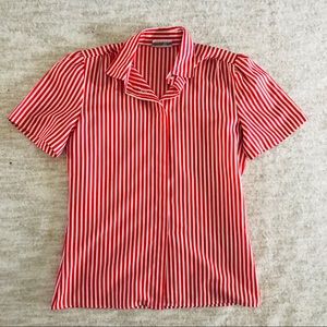 Red and White Striped Silky Button Down Blouse